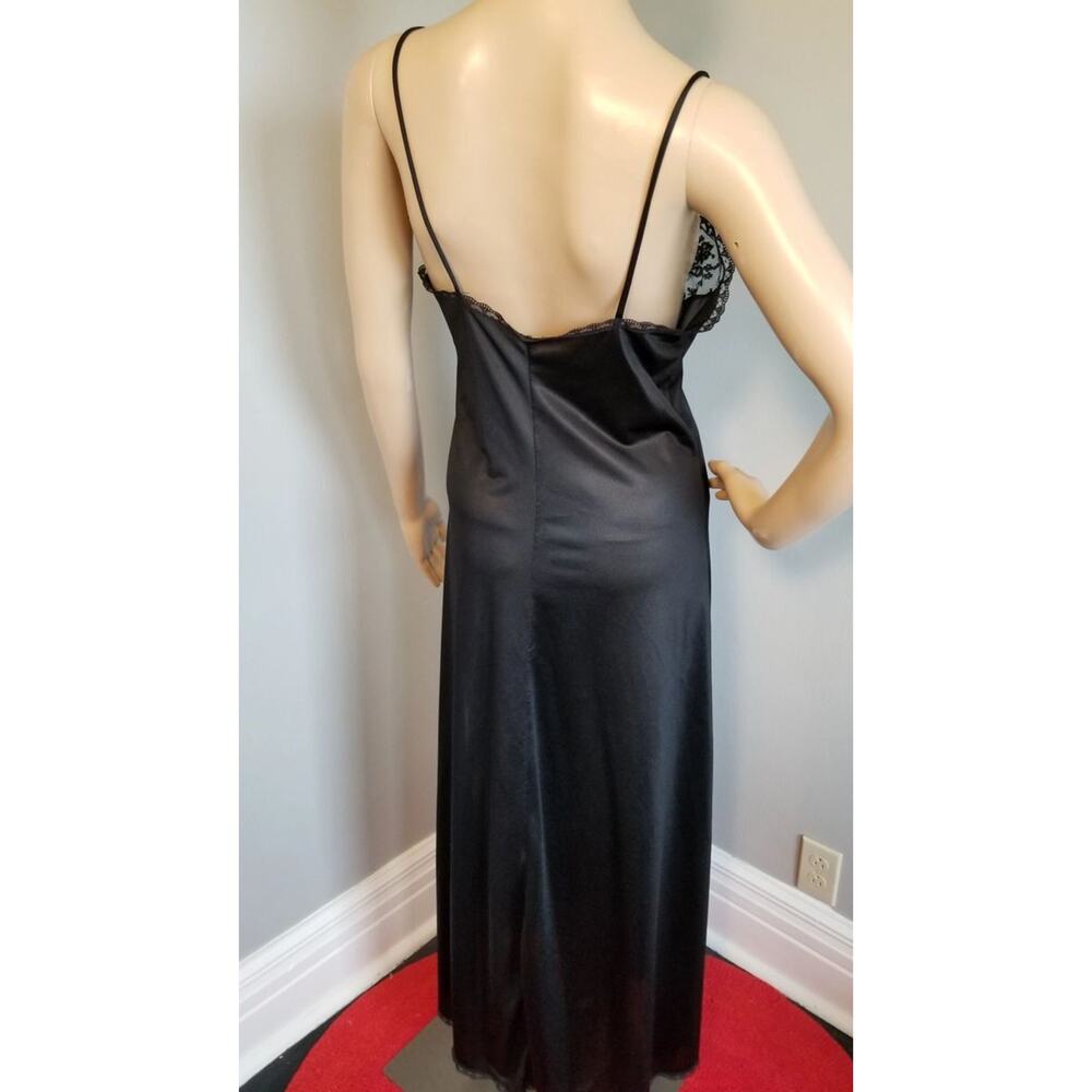 70s Black Lace Nightgown, Lady Cameo Dallas Spaghetti Strap Column Gown -M - Picture 7 of 9